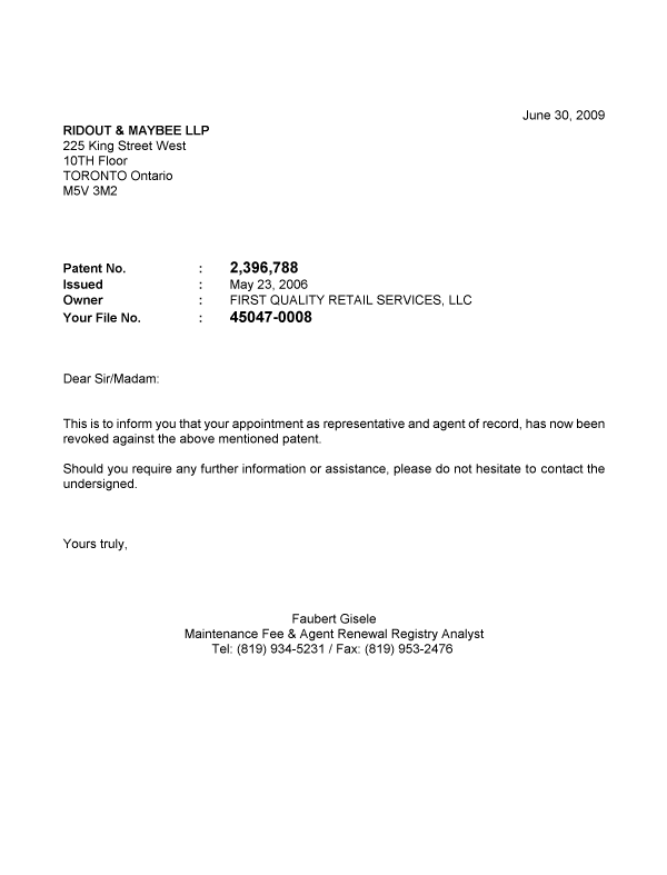 Document de brevet canadien 2396788. Correspondance 20081230. Image 1 de 1