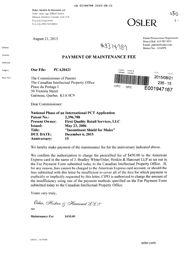 Canadian Patent Document 2396788. Fees 20141221. Image 1 of 1