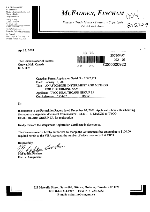 Document de brevet canadien 2397121. Cession 20030401. Image 1 de 4