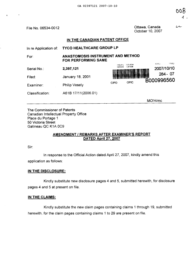 Document de brevet canadien 2397121. Poursuite-Amendment 20071010. Image 1 de 12