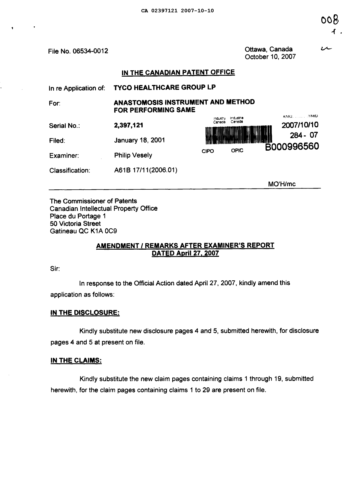 Canadian Patent Document 2397121. Prosecution-Amendment 20071010. Image 1 of 12