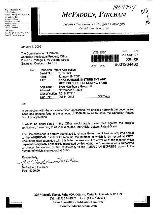 Canadian Patent Document 2397121. Correspondence 20090107. Image 1 of 1