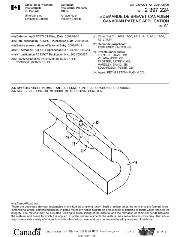 Canadian Patent Document 2397224. Cover Page 20011221. Image 1 of 1