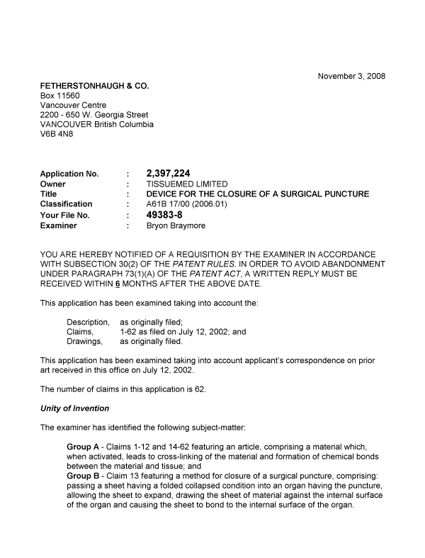 Canadian Patent Document 2397224. Prosecution-Amendment 20071203. Image 1 of 3
