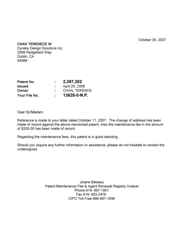 Document de brevet canadien 2397302. Correspondance 20071030. Image 1 de 1