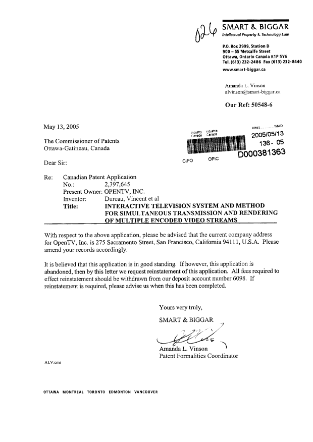 Canadian Patent Document 2397645. Correspondence 20050513. Image 1 of 1