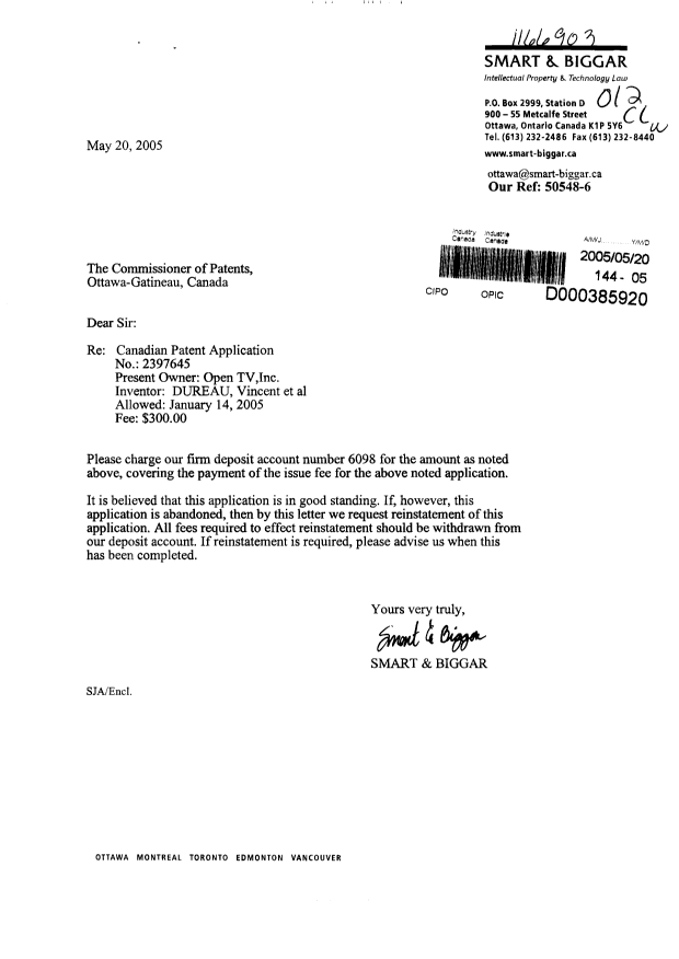 Canadian Patent Document 2397645. Correspondence 20050520. Image 1 of 1