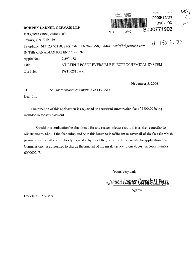 Canadian Patent Document 2397682. Prosecution-Amendment 20061103. Image 1 of 1