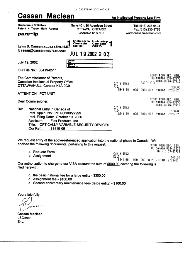 Document de brevet canadien 2397806. Cession 20020719. Image 1 de 9