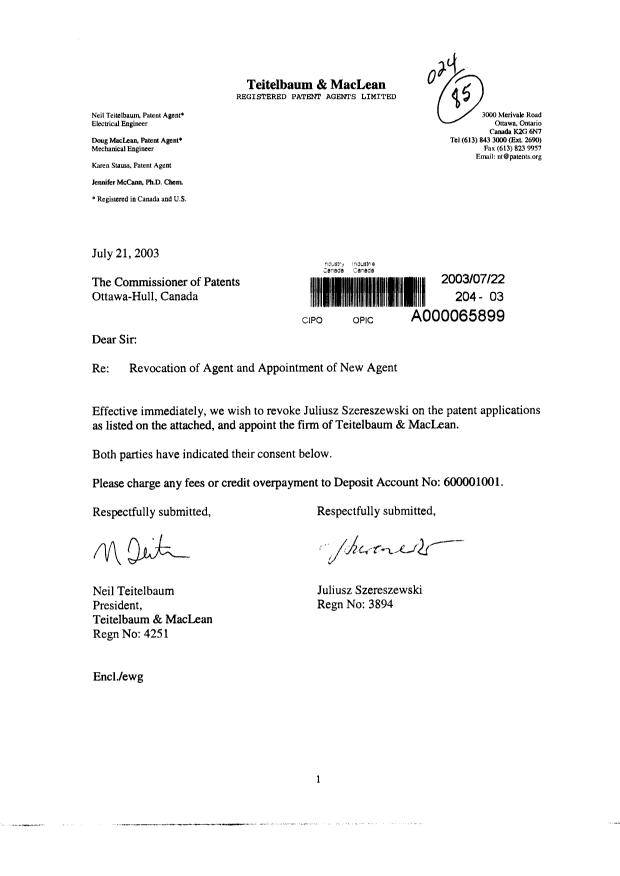 Document de brevet canadien 2397806. Correspondance 20030722. Image 1 de 3