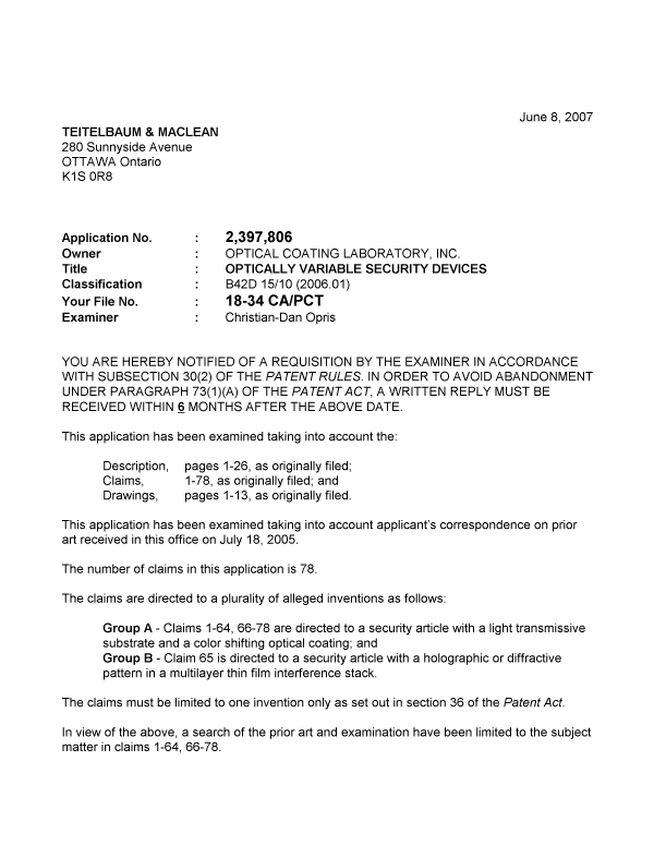 Document de brevet canadien 2397806. Poursuite-Amendment 20070608. Image 1 de 3