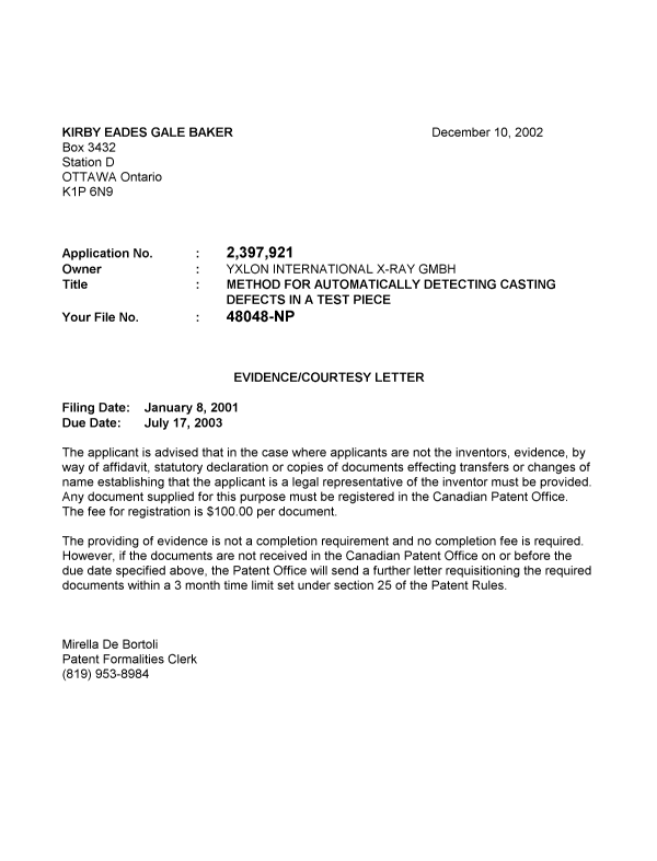 Canadian Patent Document 2397921. Correspondence 20011204. Image 1 of 1