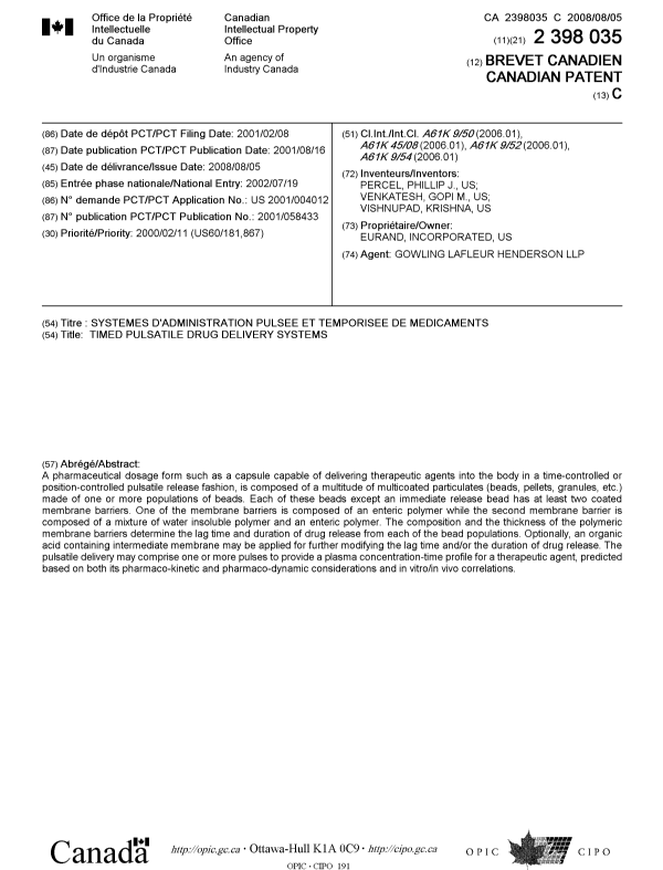 Canadian Patent Document 2398035. Cover Page 20080723. Image 1 of 1