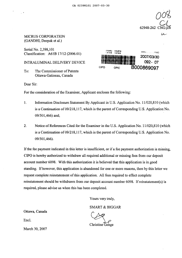 Canadian Patent Document 2398101. Prosecution-Amendment 20070330. Image 1 of 1