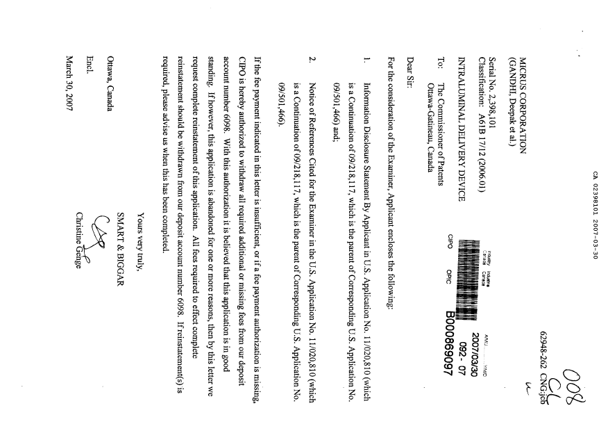 Canadian Patent Document 2398101. Prosecution-Amendment 20070330. Image 1 of 1