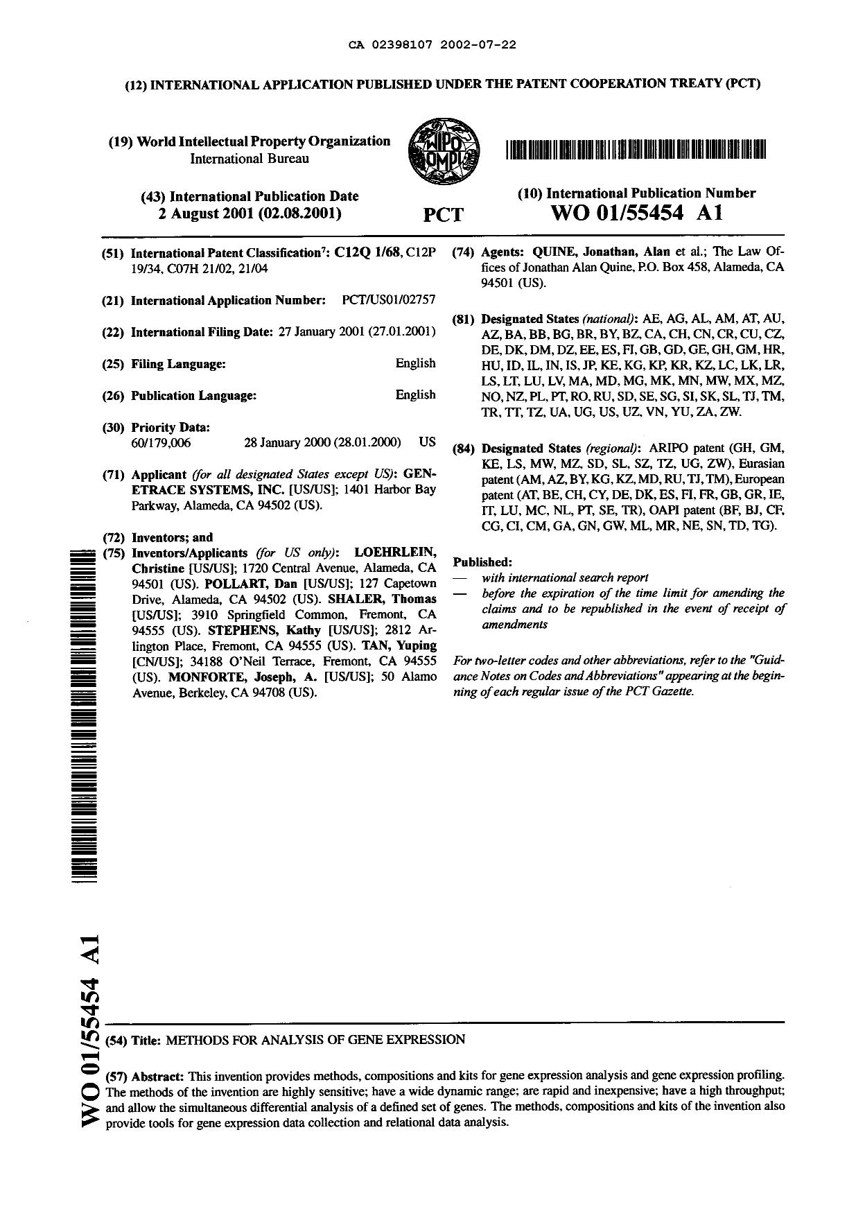 Canadian Patent Document 2398107. Abstract 20020722. Image 1 of 1