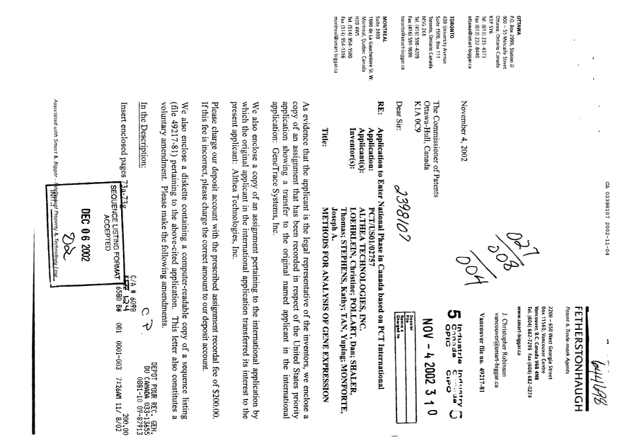 Canadian Patent Document 2398107. Prosecution-Amendment 20021104. Image 1 of 9