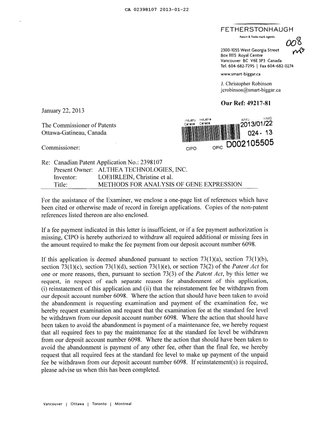 Canadian Patent Document 2398107. Prosecution-Amendment 20130122. Image 1 of 2