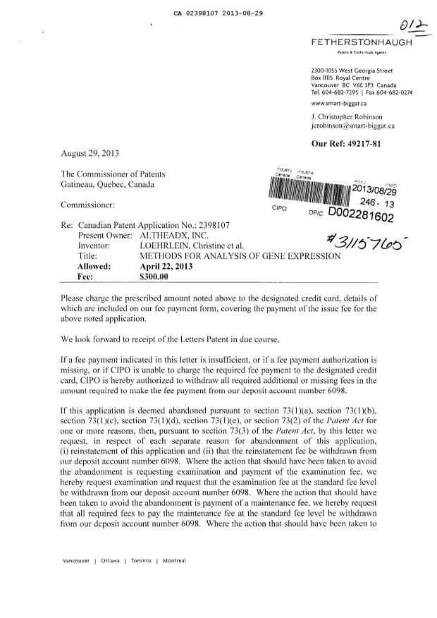 Document de brevet canadien 2398107. Correspondance 20130829. Image 1 de 2
