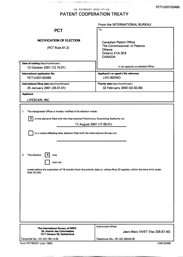Document de brevet canadien 2398203. PCT 20020724. Image 1 de 4