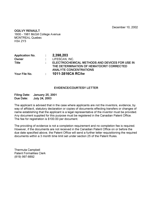 Canadian Patent Document 2398203. Correspondence 20021206. Image 1 of 1
