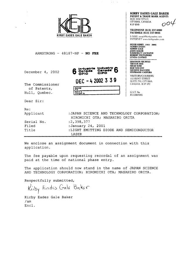 Canadian Patent Document 2398377. Assignment 20021204. Image 1 of 2