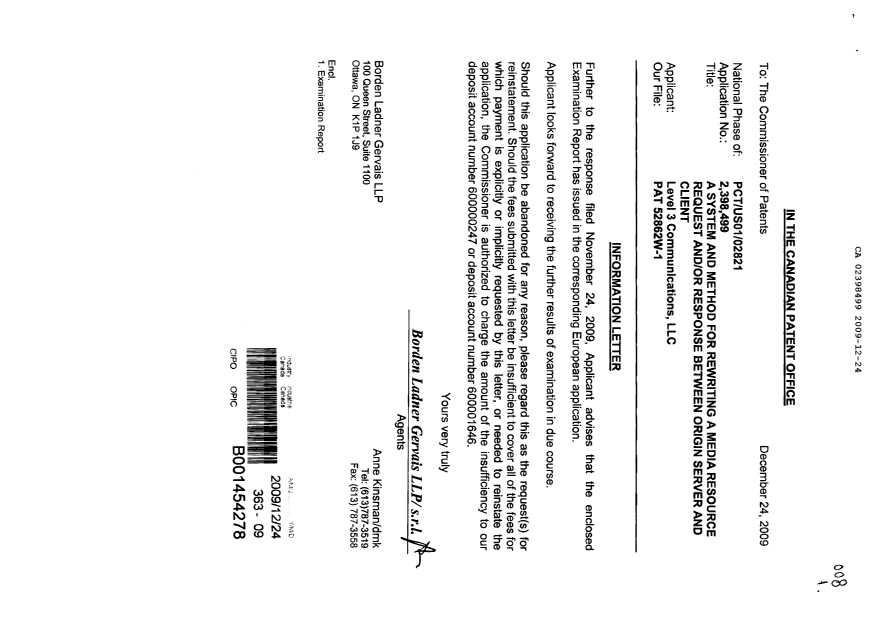 Canadian Patent Document 2398499. Prosecution-Amendment 20091224. Image 1 of 1