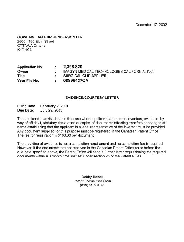 Canadian Patent Document 2398820. Correspondence 20021209. Image 1 of 1