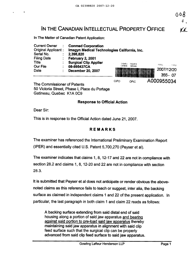 Document de brevet canadien 2398820. Poursuite-Amendment 20061220. Image 1 de 4