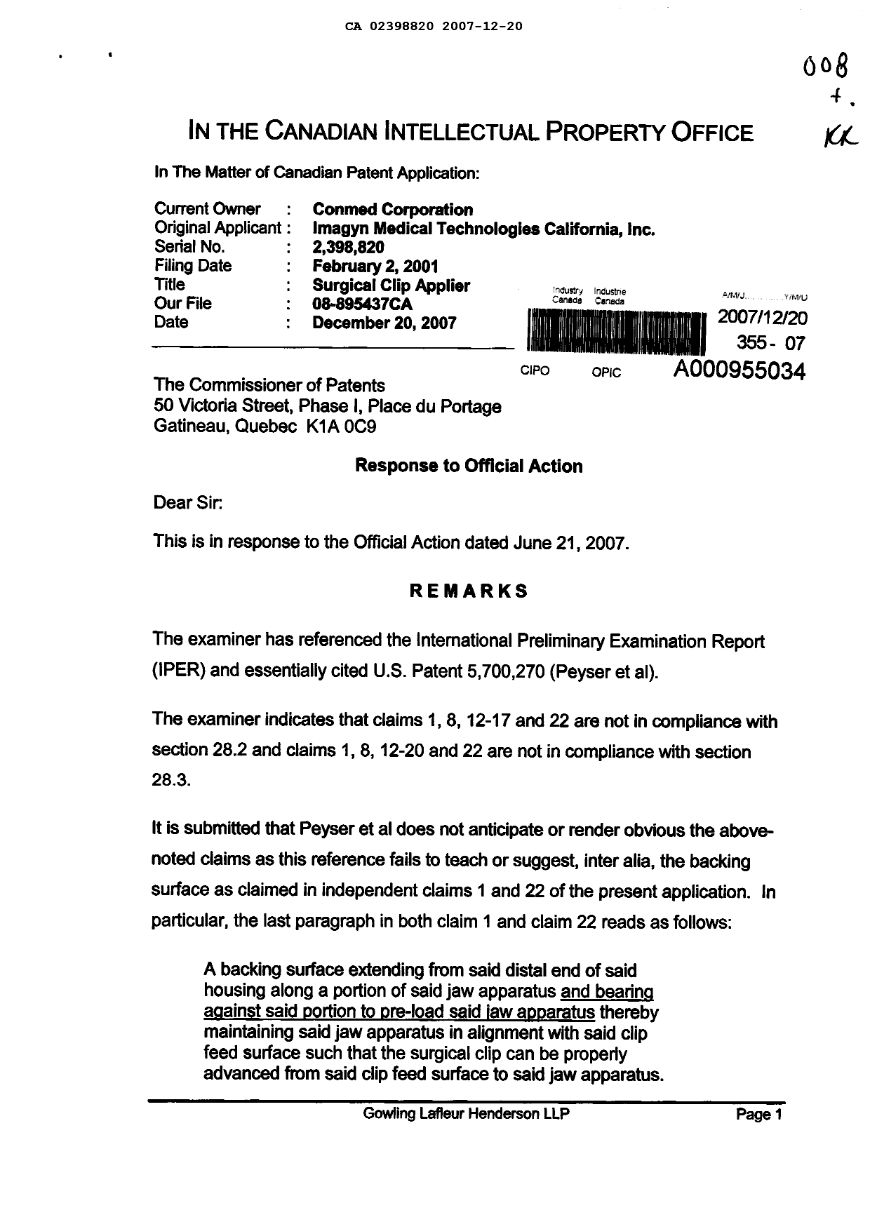 Canadian Patent Document 2398820. Prosecution-Amendment 20061220. Image 1 of 4