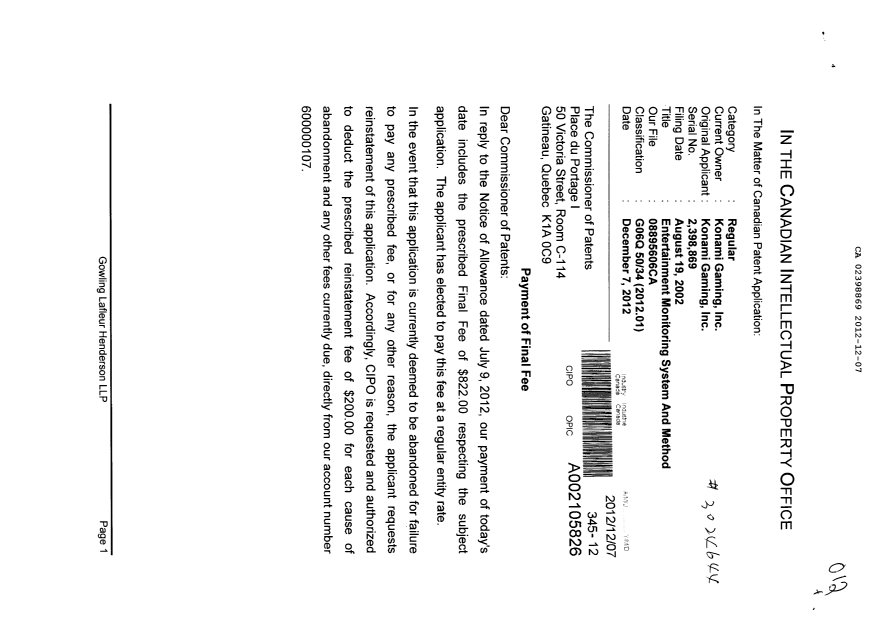 Canadian Patent Document 2398869. Correspondence 20111207. Image 1 of 2
