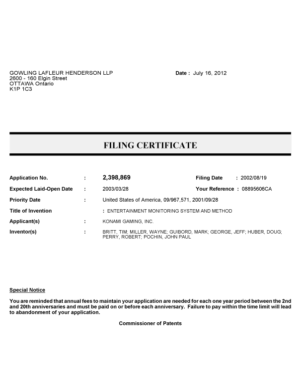 Canadian Patent Document 2398869. Correspondence 20111216. Image 1 of 1