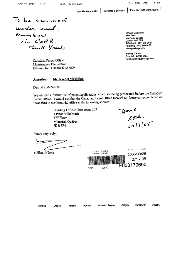 Document de brevet canadien 2399285. Correspondance 20050928. Image 1 de 3
