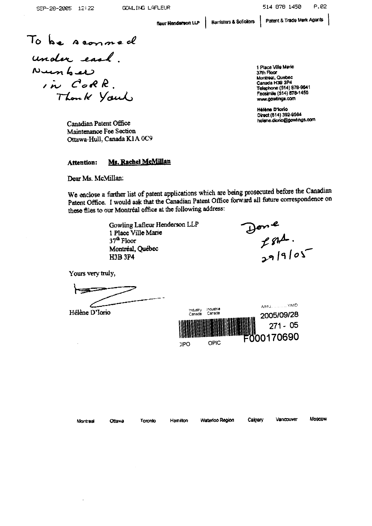 Canadian Patent Document 2399285. Correspondence 20050928. Image 1 of 3