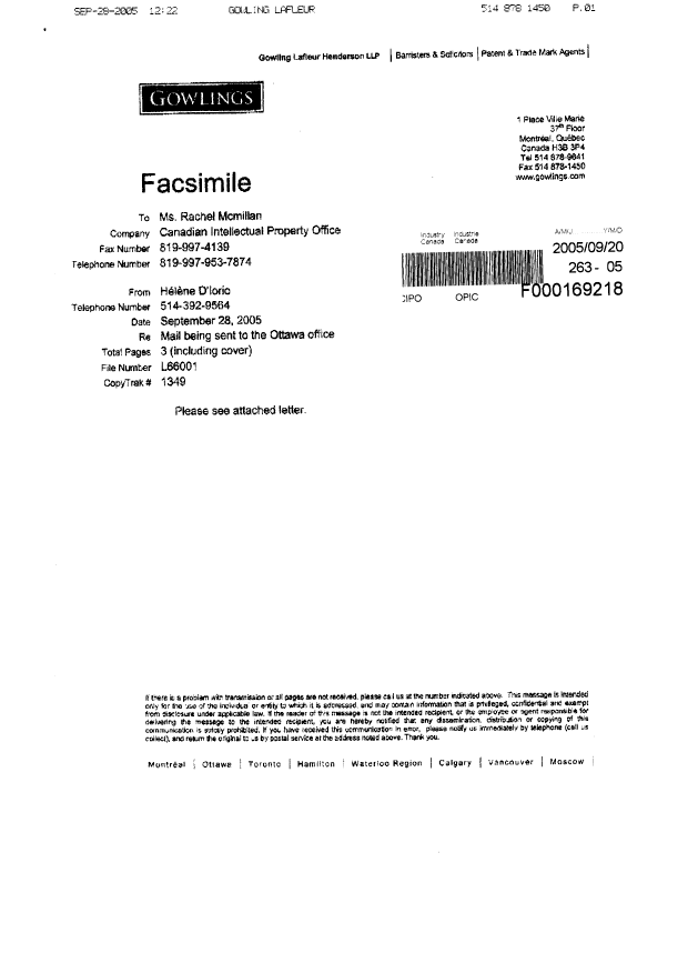 Canadian Patent Document 2399285. Correspondence 20050928. Image 3 of 3
