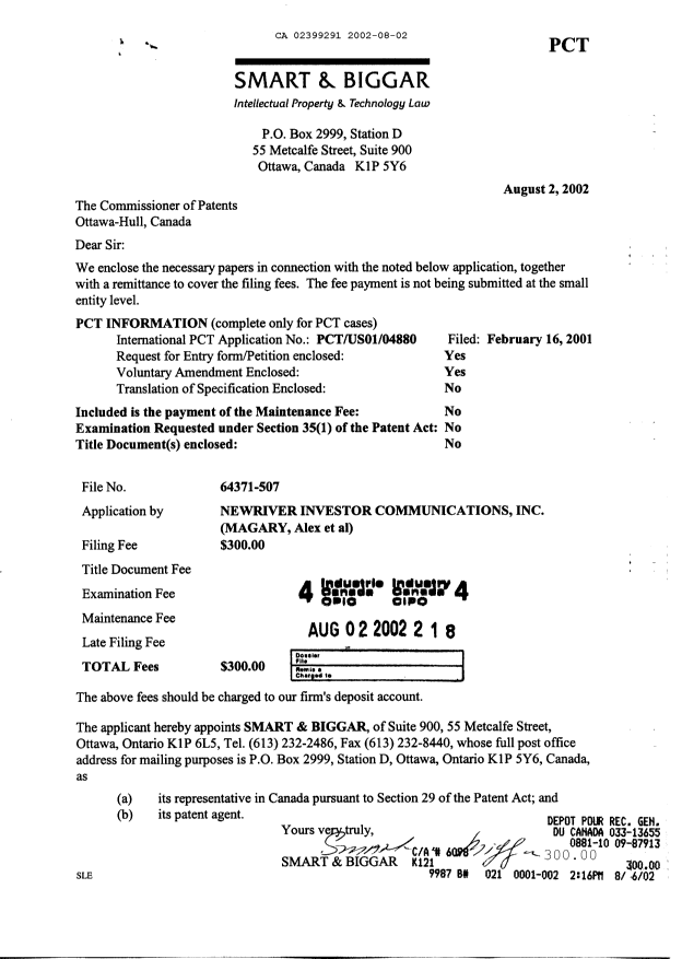 Document de brevet canadien 2399291. Cession 20020802. Image 1 de 2