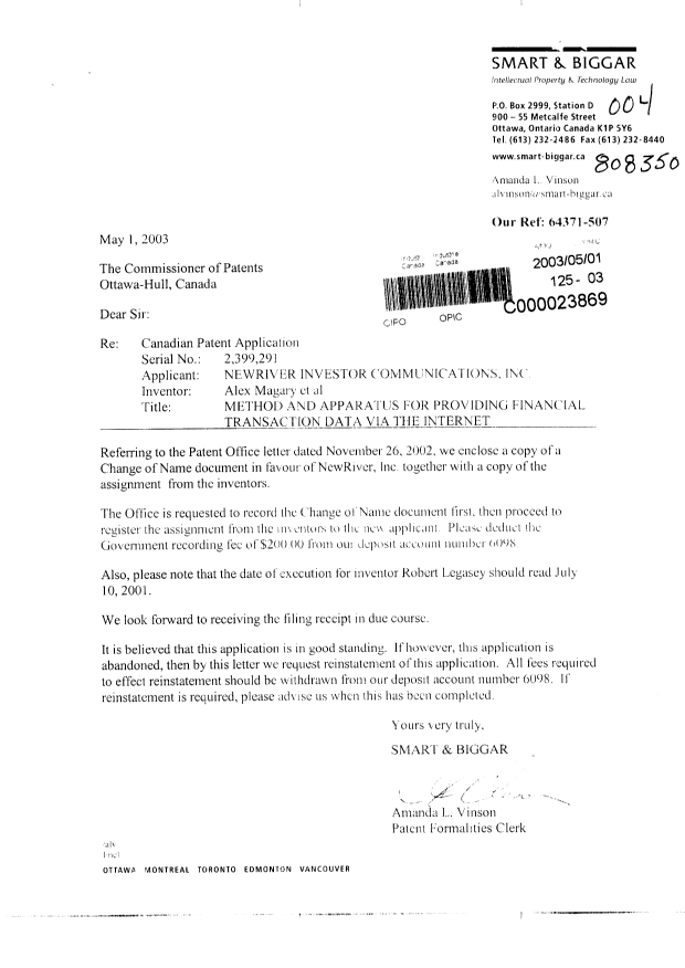 Document de brevet canadien 2399291. Cession 20030501. Image 1 de 41