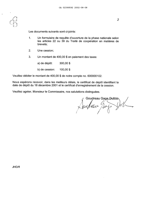 Document de brevet canadien 2399592. Cession 20020808. Image 2 de 5