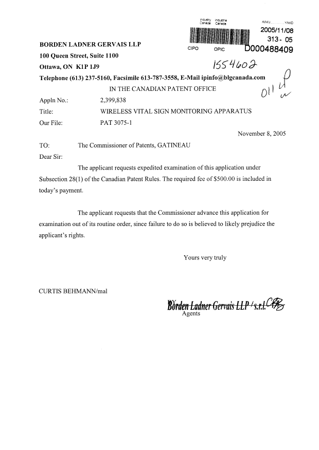 Document de brevet canadien 2399838. Poursuite-Amendment 20051108. Image 1 de 1