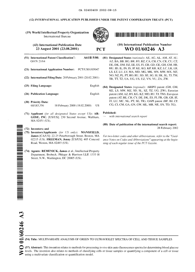 Document de brevet canadien 2400409. Abrégé 20020815. Image 1 de 1