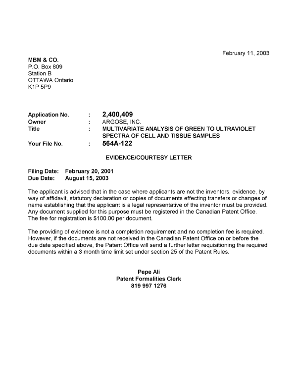 Document de brevet canadien 2400409. Correspondance 20030205. Image 1 de 1