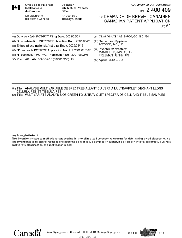 Document de brevet canadien 2400409. Page couverture 20030207. Image 1 de 1