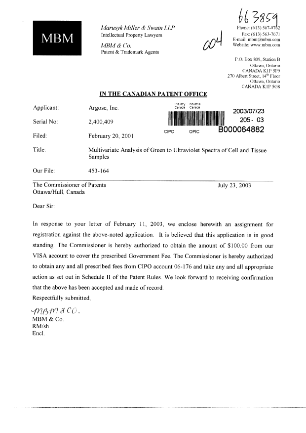 Document de brevet canadien 2400409. Cession 20030723. Image 1 de 5