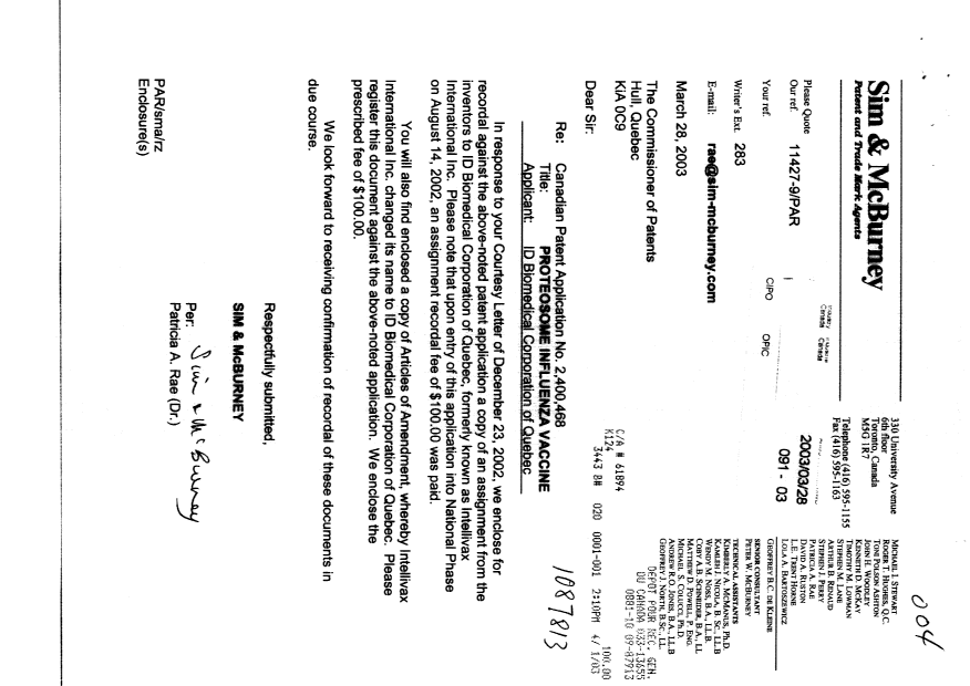 Canadian Patent Document 2400468. Assignment 20021228. Image 1 of 9