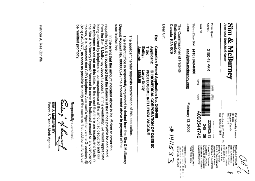 Canadian Patent Document 2400468. Prosecution-Amendment 20060213. Image 1 of 1