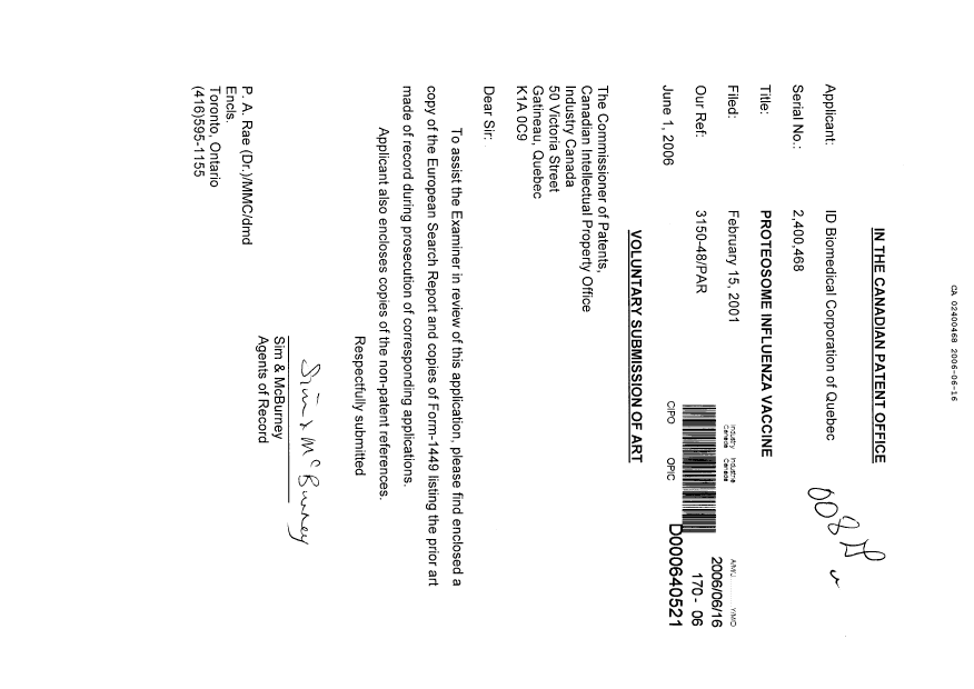 Document de brevet canadien 2400468. Poursuite-Amendment 20060616. Image 1 de 1