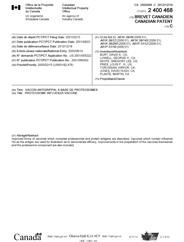 Document de brevet canadien 2400468. Page couverture 20121122. Image 1 de 2