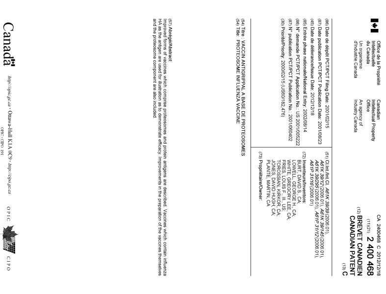Document de brevet canadien 2400468. Page couverture 20121122. Image 1 de 2