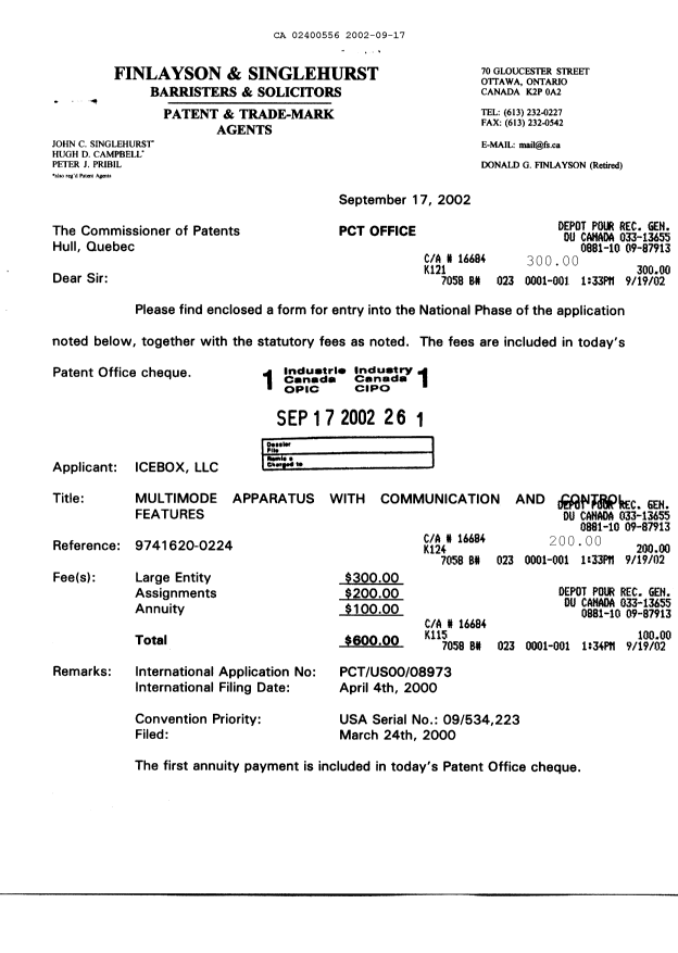 Document de brevet canadien 2400556. Cession 20020917. Image 1 de 21