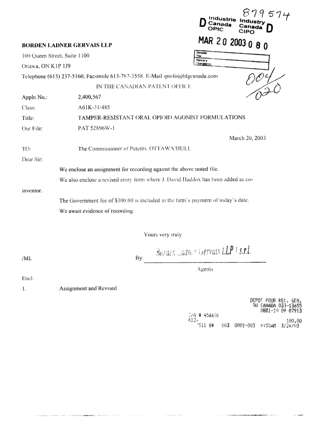 Document de brevet canadien 2400567. Cession 20030320. Image 1 de 3